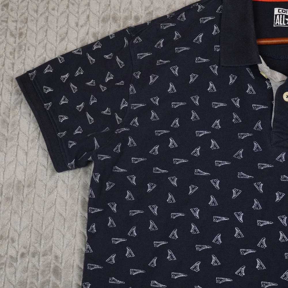 Converse Polo Shirt Boys L Navy Blue All Over Sneaker Print Short Sleeve Pique